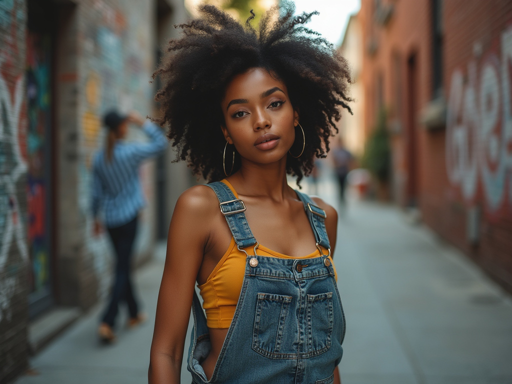 Chocolate Skin Woman in Denim Coveralls