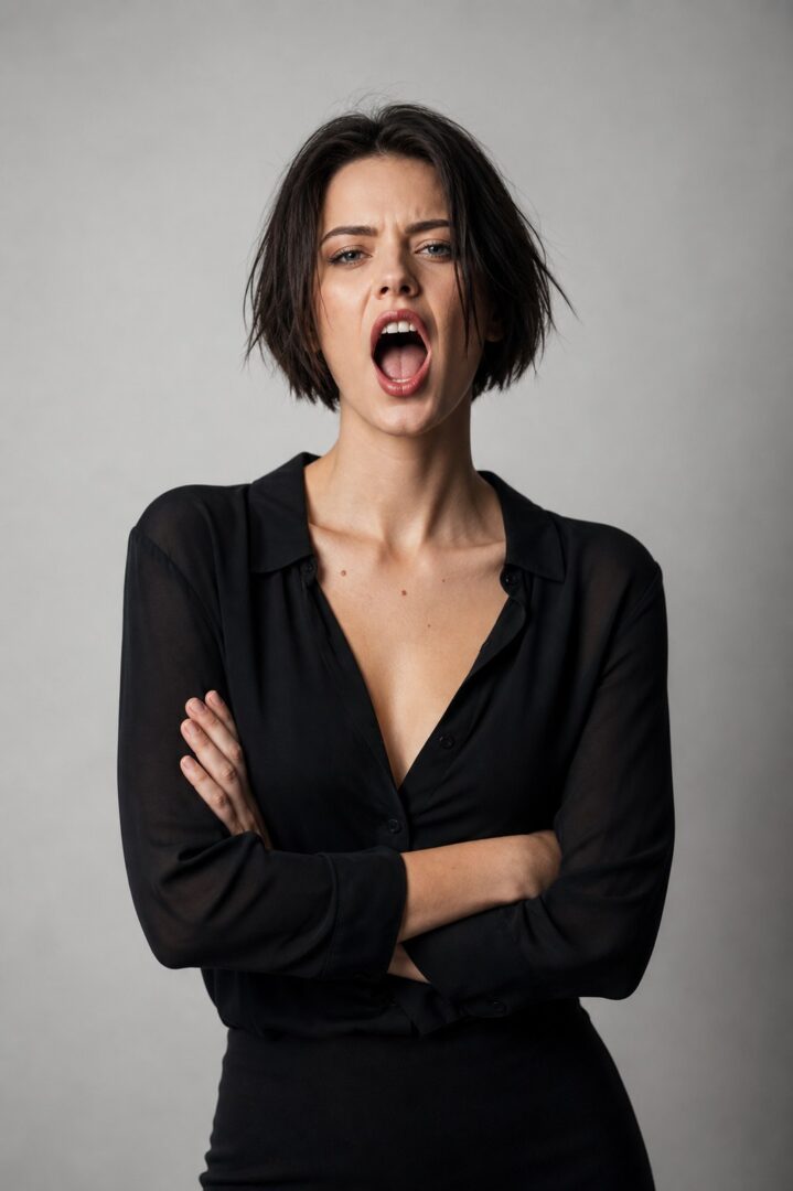 Expressive studio portrait of an adult woman in black blouse with short dark hair and open mouth performance expression on gray background