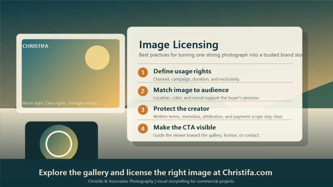 A generated Christifa.com best-practices infographic showing a gallery-inspired photography licensing workflow with a call to action.