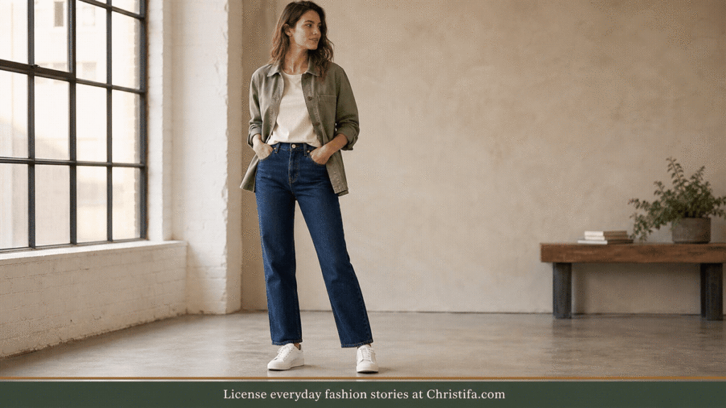 Realistic tall female model wearing everyday clothing including a sage green overshirt, cream tee, dark straight leg denim, and white sneakers in a softly lit studio.
