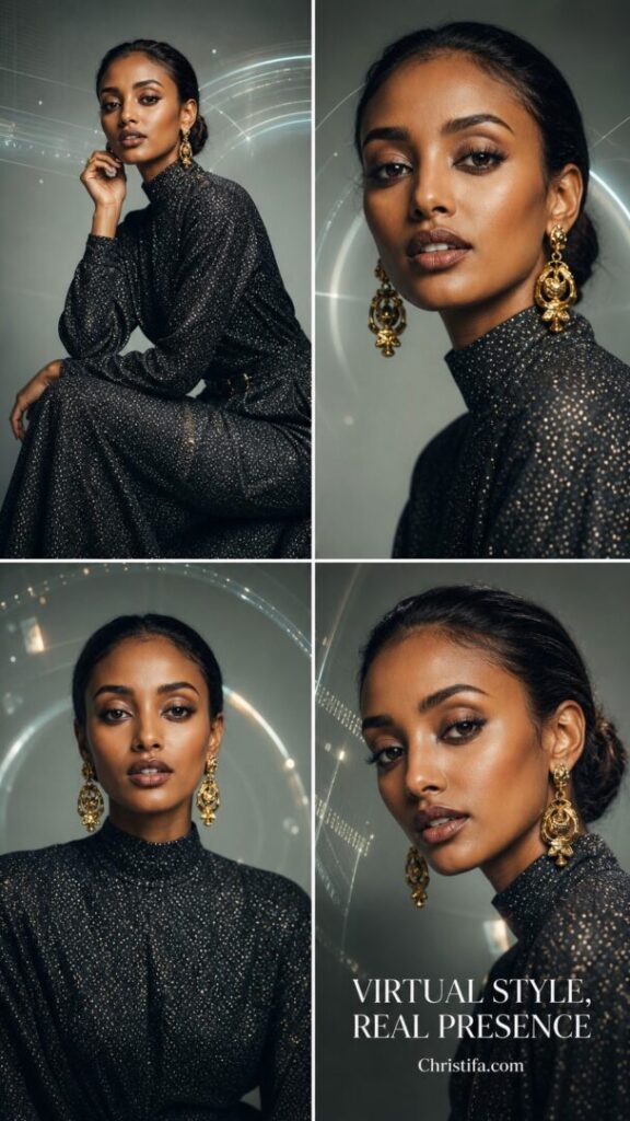 Four-panel editorial portrait collage of an adult East African fashion model in a shimmering black studio look with gold earrings and virtual style message.
