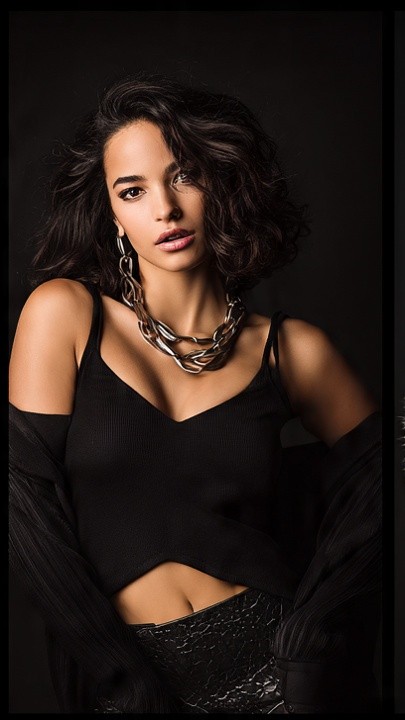 Adult female model in a black top with jewelry on a dark studio background, framed as a confident fashion portrait.