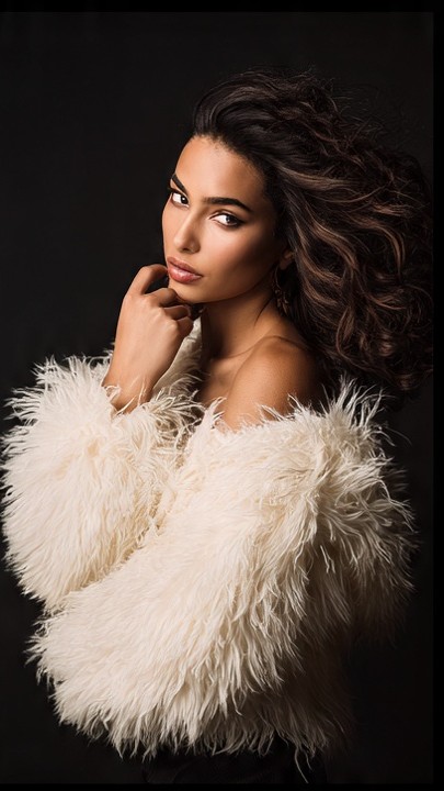 Adult female model wearing a cream faux-fur wrap on a dark background, photographed as a soft luxury portrait.