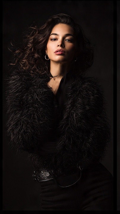 Adult female model in a black textured jacket with a centered pose and dramatic studio light.