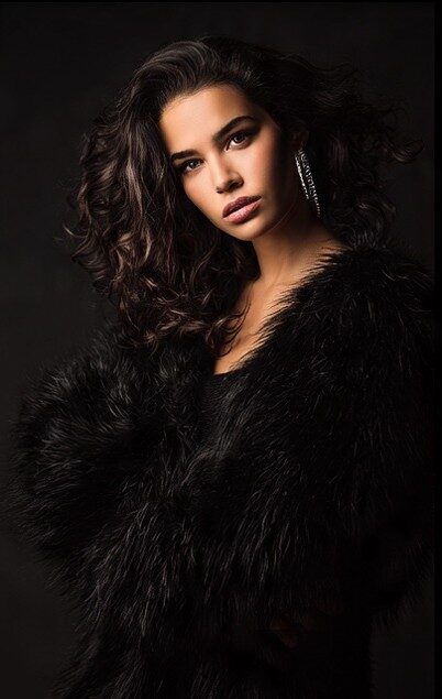Adult female model in a black faux-fur coat and statement earrings against a dark studio background.