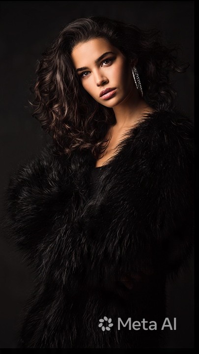 Adult female model in a black faux-fur coat and statement earrings against a dark studio background.