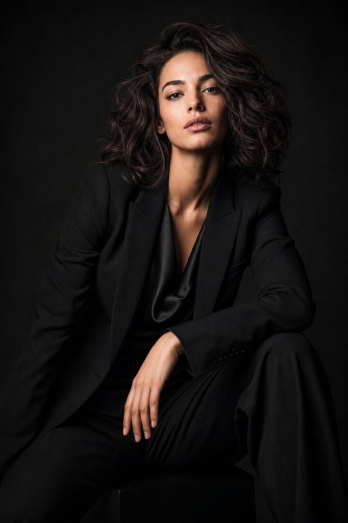 Adult female model in a black blazer and satin top on a dark background, photographed as a sculptural fashion portrait.