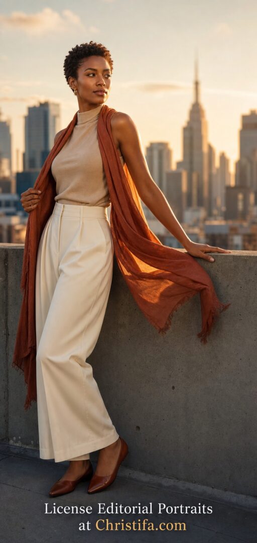 Adult female model in ivory wide-leg trousers and a sand mock-neck top standing on a rooftop at golden hour with a rust scarf, warm skyline light, and editorial commercial styling
