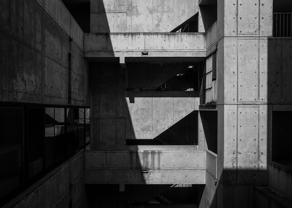 Black-and-white brutalist concrete architecture