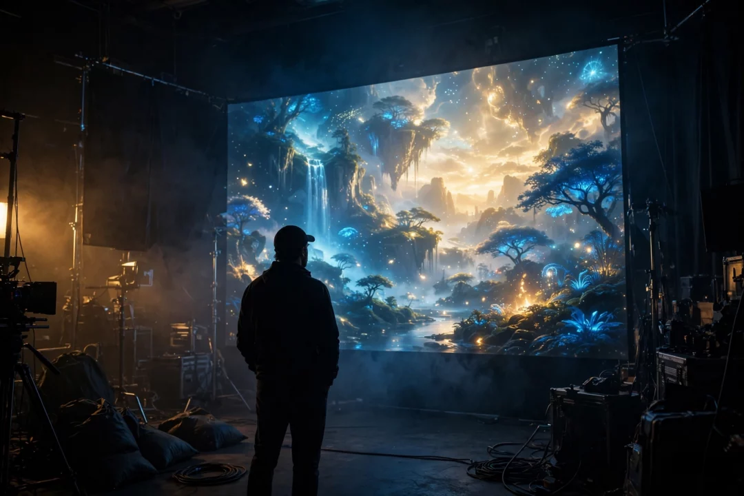 Filmmaker silhouette facing a glowing AI film screen