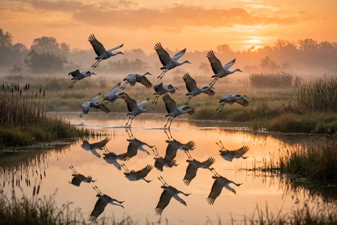 Cranes taking flight over a wetland at sunrise